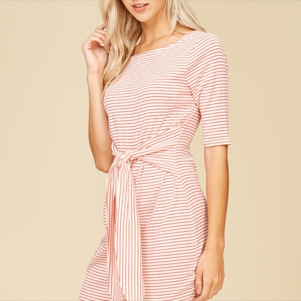 NEW WHITE STRIPED KNOT FRONT DRESS - Picture 3 of 6